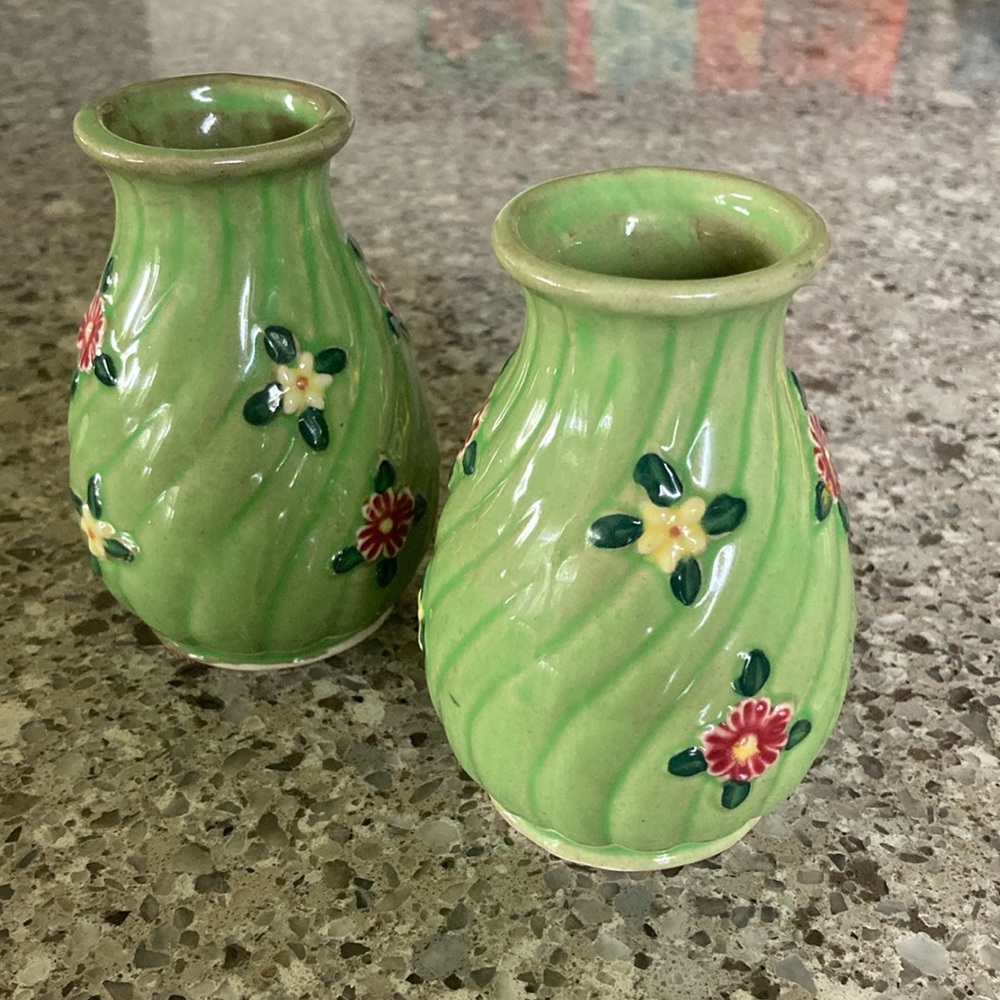 Stamped K Japan Floral Green Ceramic Vases